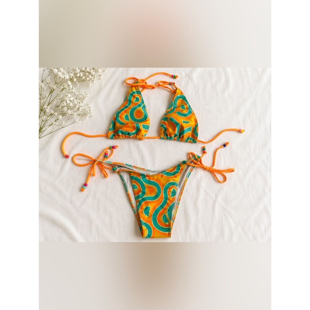Orange Green Psychedelic String Bikini Retro Y2K Swimsuit
